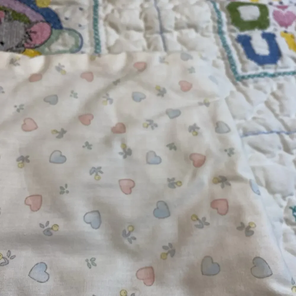 Vintage 1970s Crib Baby Coverlet Embroidery Needlepoint Novelty Quilted Blanket